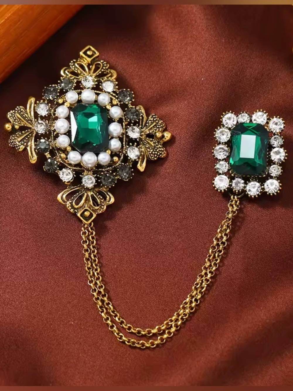 Anthropologie Gold-Tone Brooch with Emerald Green and Blue Accents